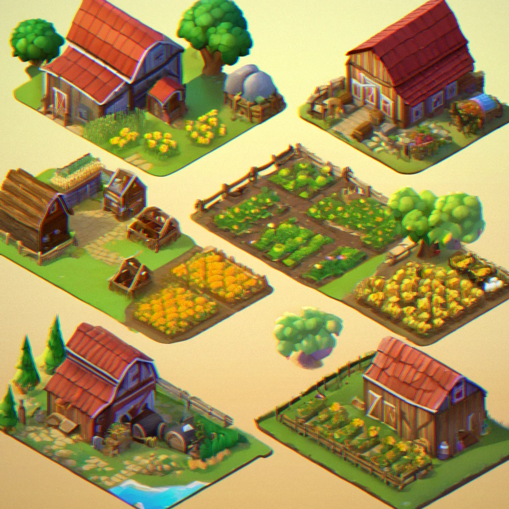 Farm layoout on mobile showing different building styles and colors you can pick from