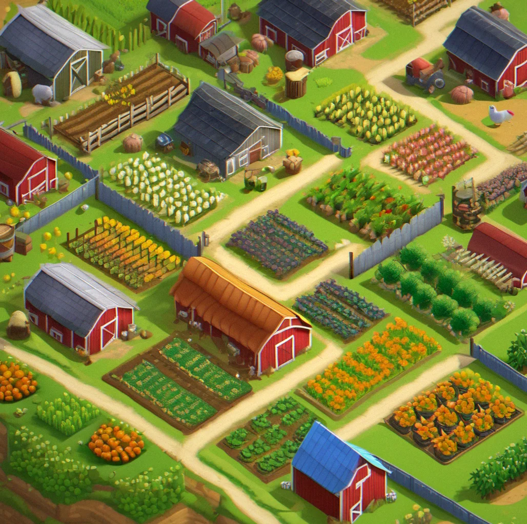 Overhead view of a farm with custom-colored barns, decorative fences and crop fields arranged in a unique layout