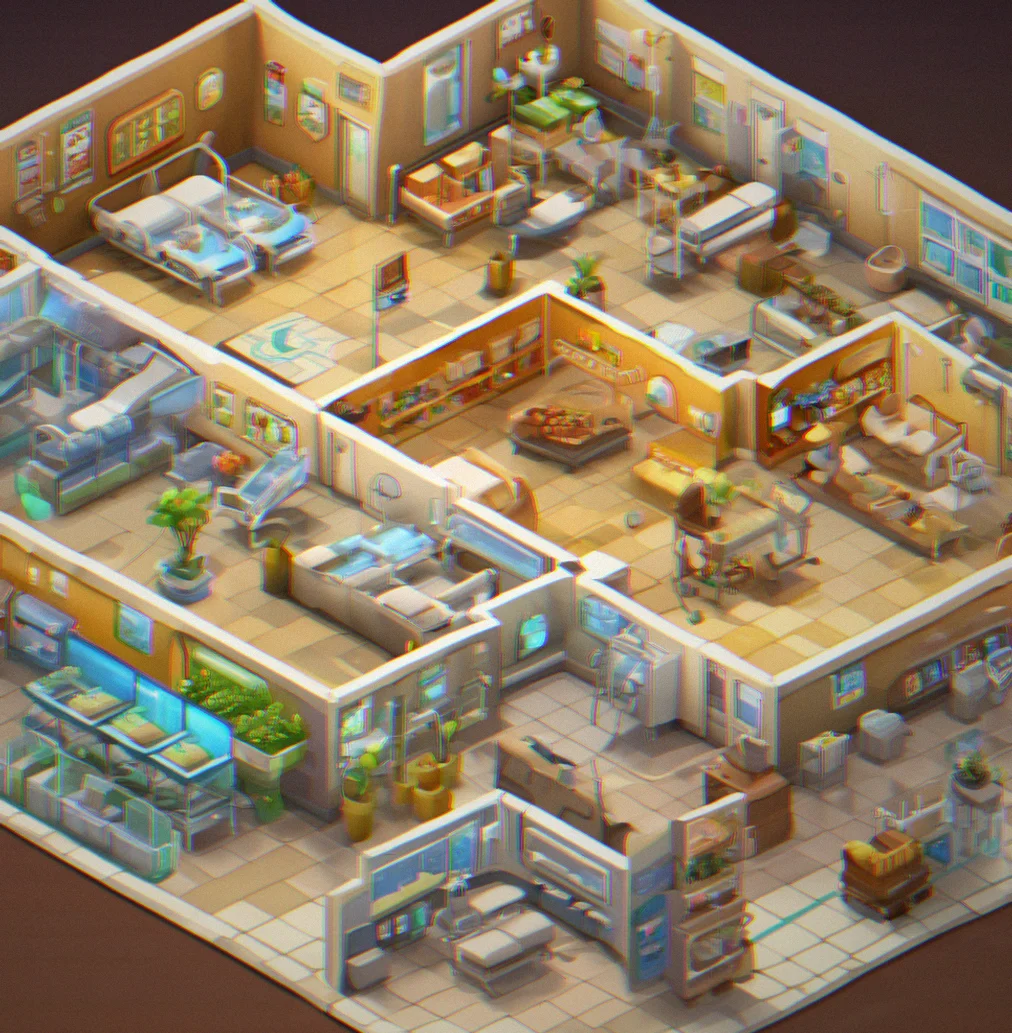 Inside a hospital with decorated patient wards, custom floor patterns, and themed waiting rooms you've unlocked