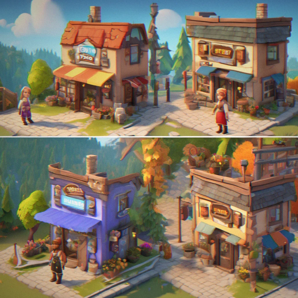 A character standing in front of a storefront showing different outfit options and building styles from the progression tree