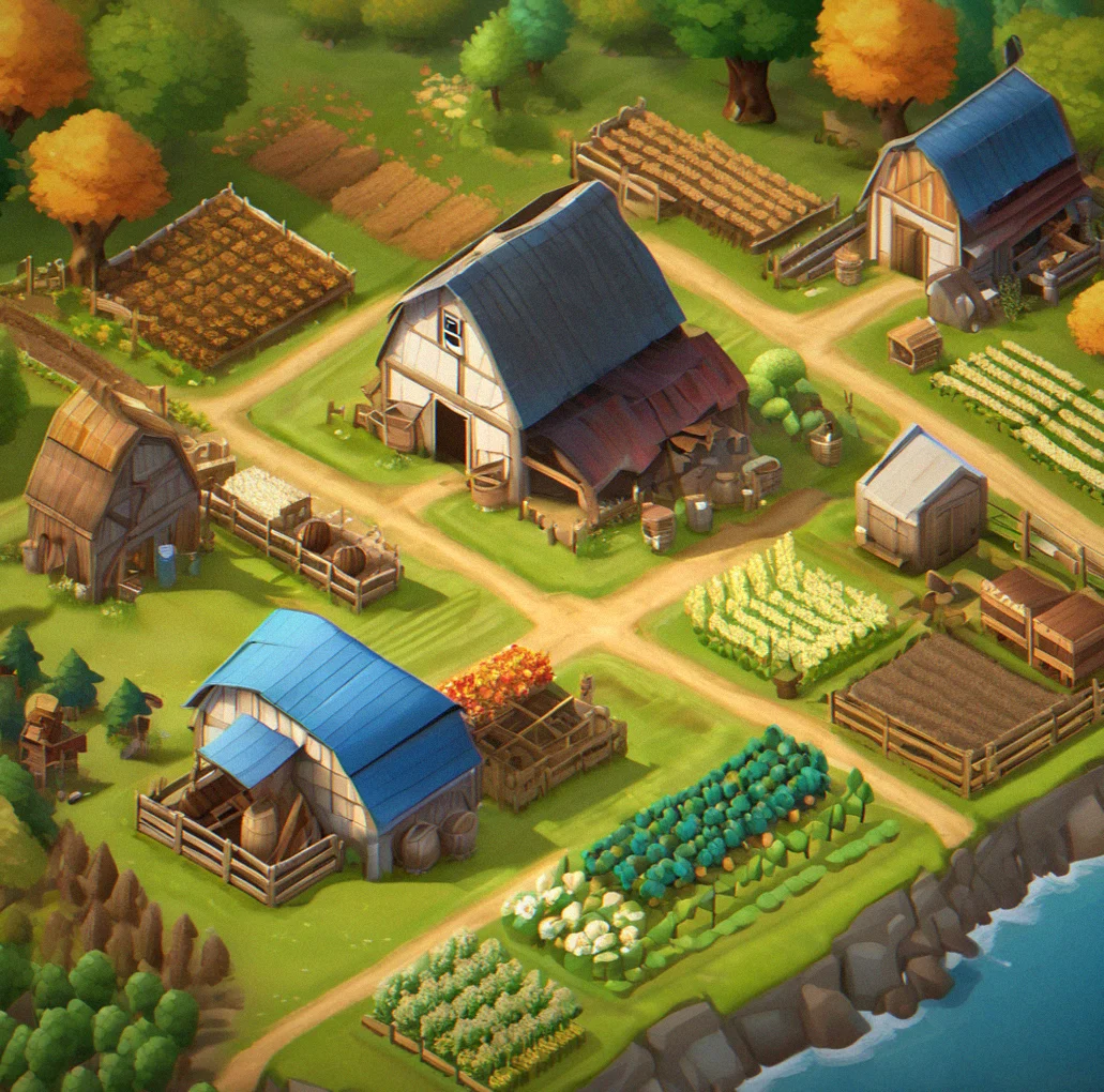 Farm from above with blue and cream barns you chose, crop fields laid out however you wanted, and scattered decorative trees showing you have full control over how it looks