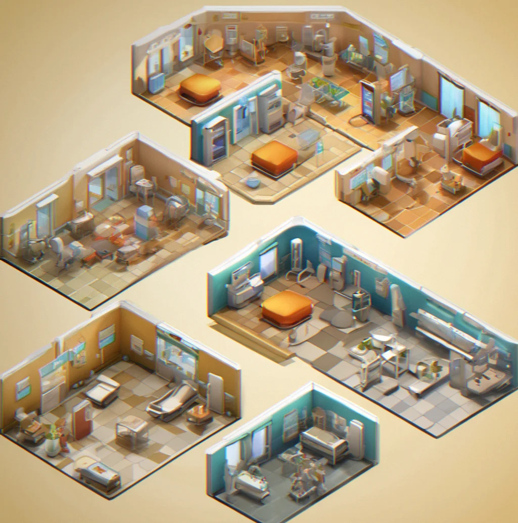 Hospital interior with different ward designs, custom floor colors you unlocked, and waiting areas decorated to match where you are in patient care progression