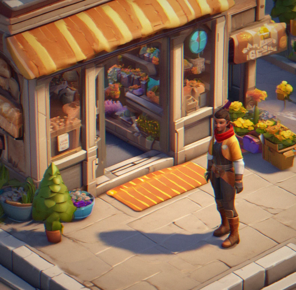 Character standing in front of a storefront with multiple outfit options you've unlocked by progressing through the resource tree