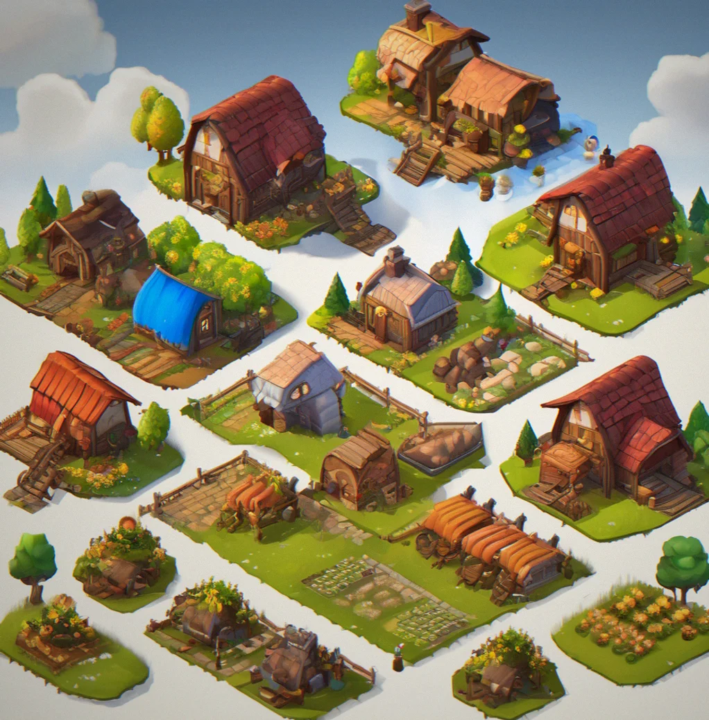 Early plot with upgrades stacked across multiple progression stages, snowing how your starting buildings stay useful and change appearance as you keep customizing them