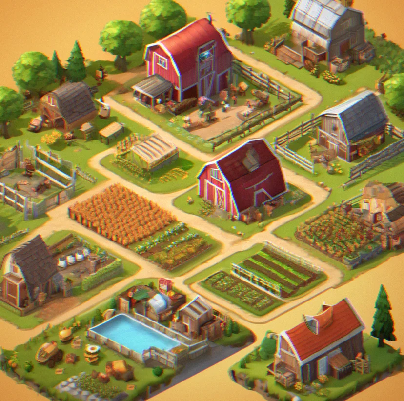 Phone screen showing a farm sim game with buildings you can customize and a resource management system