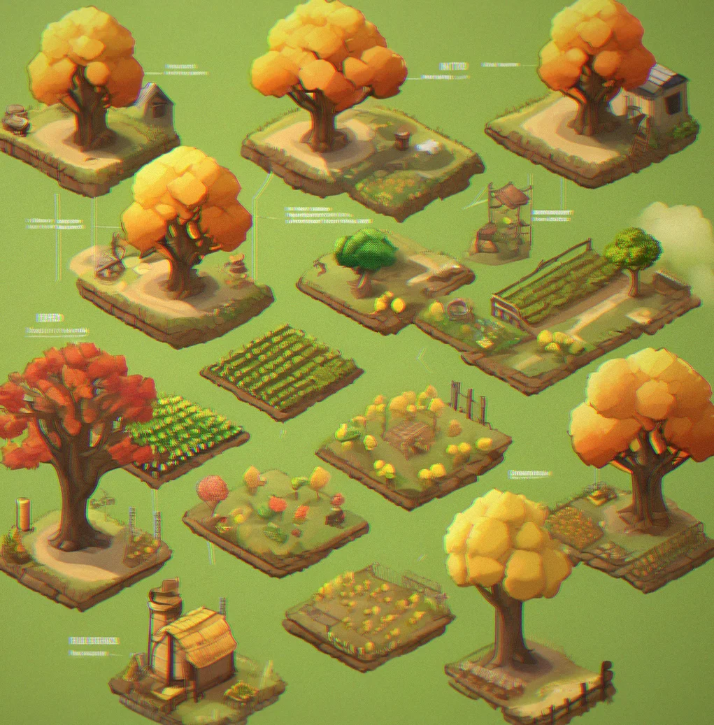 Branching resource tree diagram showing unlocked and locked progression nodes in a farm simulation game
