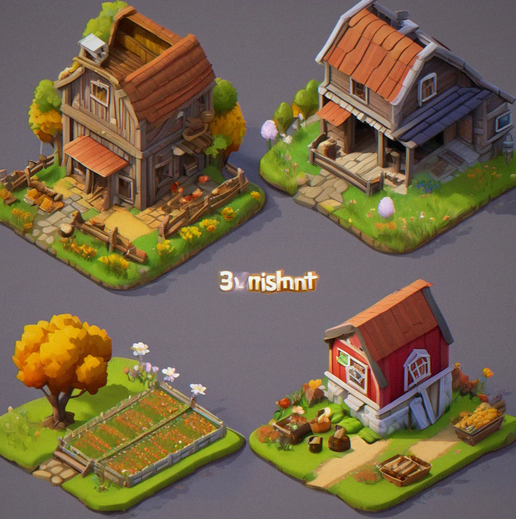 Overhead view of two differently customized farm layouts with unique building placements and aesthetic themes