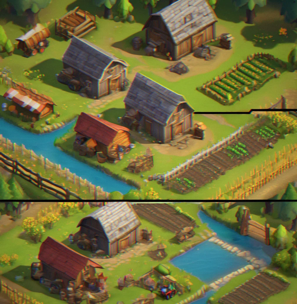 Before-and-after screenshots of an early-game farm building showing multiple upgrade stages and customizations