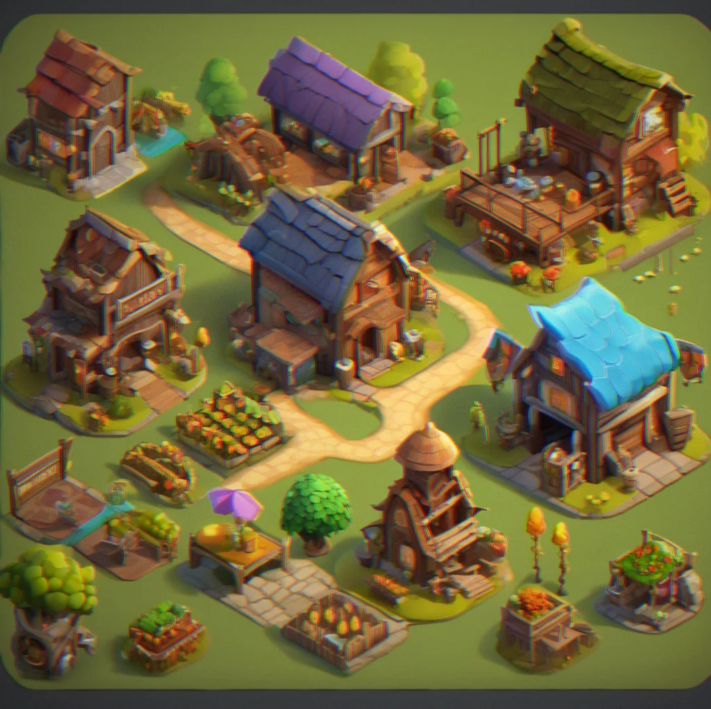 Before-and-after comparison showing an early-game farm building with multiple upgrade tiers and customization layers applied