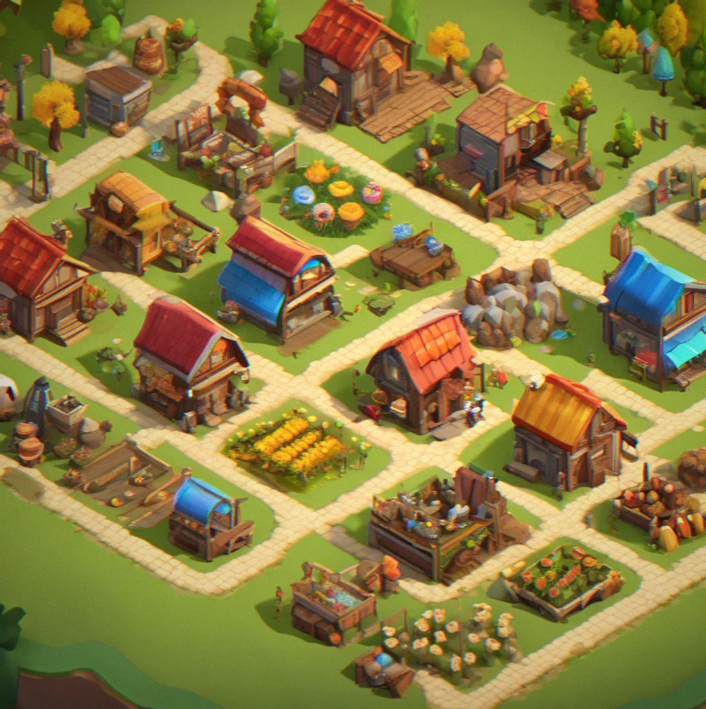 Grid display showing 60+ distinct customization options including building colors, plot arrangements, and character outfits